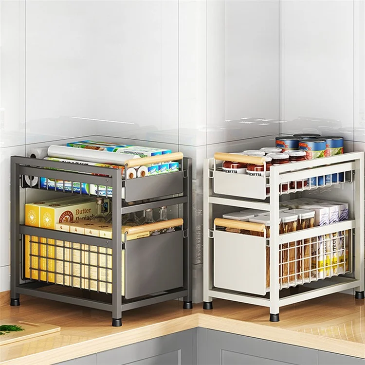 006-ZWJ-6941-2WH Pull Out Spice Rack Organizer 2-Tier Sliding Spice Organizer Shelf for Countertop Sink Cabinet - White