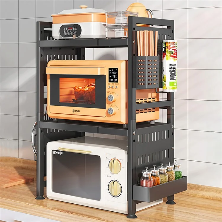006-WBL-6908C Microwave Oven Rack 2 Layers Extendable Kitchen Microwave Stand with Spice Rack and Chopstick Barrel - Black