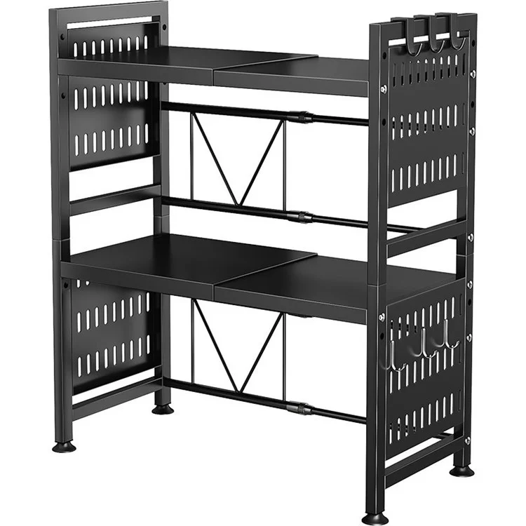 006-WBL-6908C Microwave Oven Rack 2 Layers Extendable Kitchen Microwave Stand with Spice Rack and Chopstick Barrel - Black