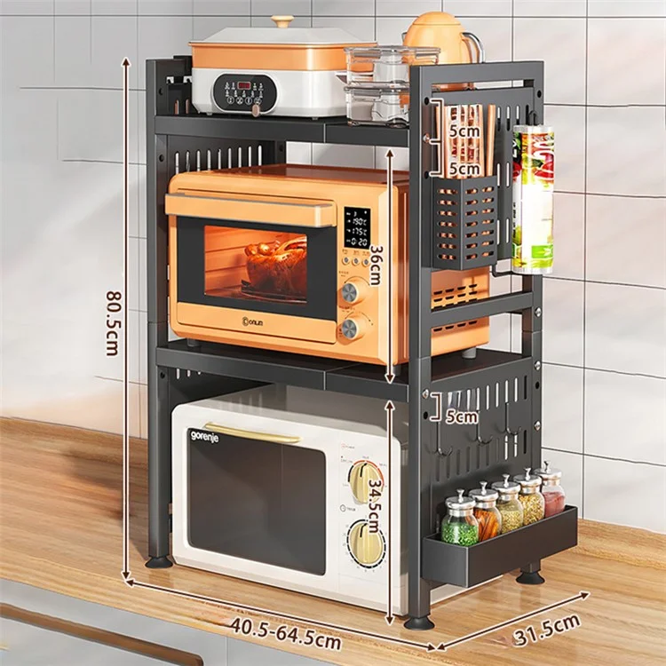 006-WBL-6908C Microwave Oven Rack 2 Layers Extendable Kitchen Microwave Stand with Spice Rack and Chopstick Barrel - Black