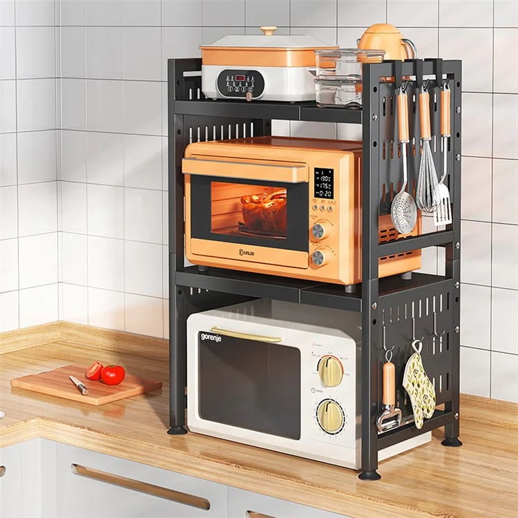 006-WBL-6908A Expandable Microwave Oven Rack Dual Layer Kitchen Counter Organizer - Black