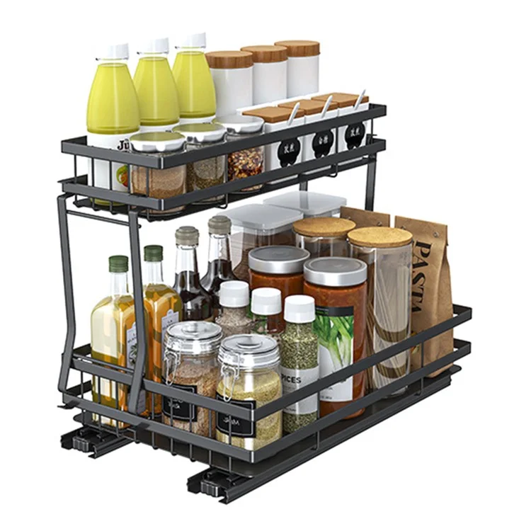 006-ZWJ-6978-WH Pull Out Spice Rack Organizer 2 Tier Slide Out Rack for Cabinet Inside Pantry Closet, 37x22x33cm - Schwarz