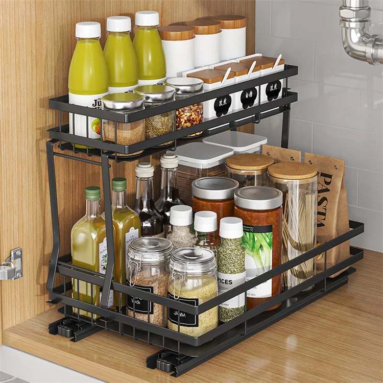 006-ZWJ-6978-WH Pull Out Spice Rack Organizer 2 Tier Slide Out Rack for Cabinet Inside Pantry Closet, 37x22x33cm - Schwarz