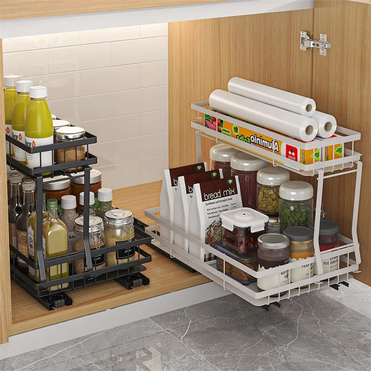 006-ZWJ-6978-WH Pull Out Spice Rack Organizer 2 Tier Slide Out Rack for Cabinet Inside Pantry Closet, 37x22x33cm - Schwarz