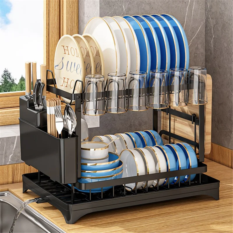 006-WDJ-8018A Kitchen Counter Dish Holder Stand Drying Rack for Knives, Spoons, Forks - Black