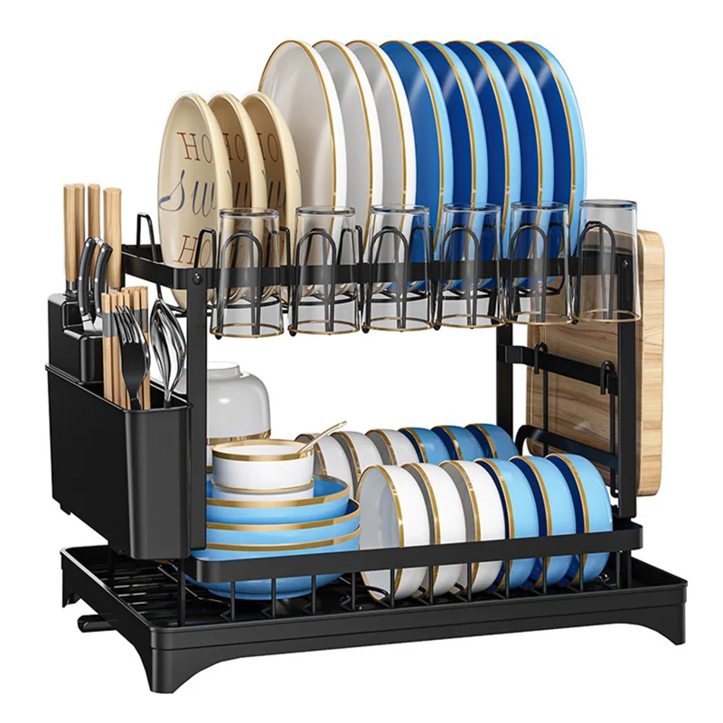 006-WDJ-8018A Kitchen Counter Dish Holder Stand Drying Rack for Knives, Spoons, Forks - Black