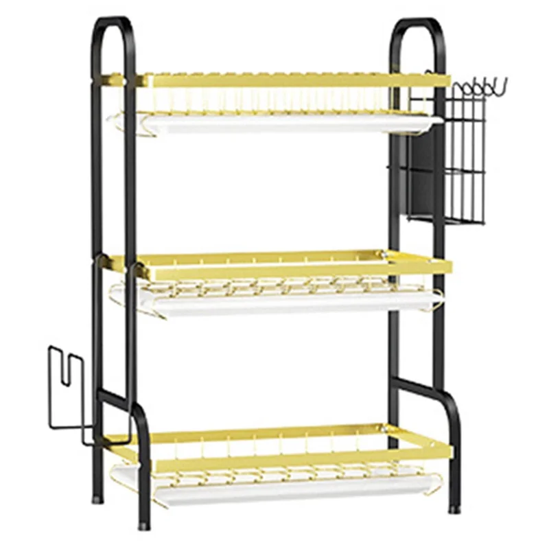006-6427 3-Layer Iron Wire Kitchen Dish Bowl Storage Shelf Draining Rack with Chopstick Holder