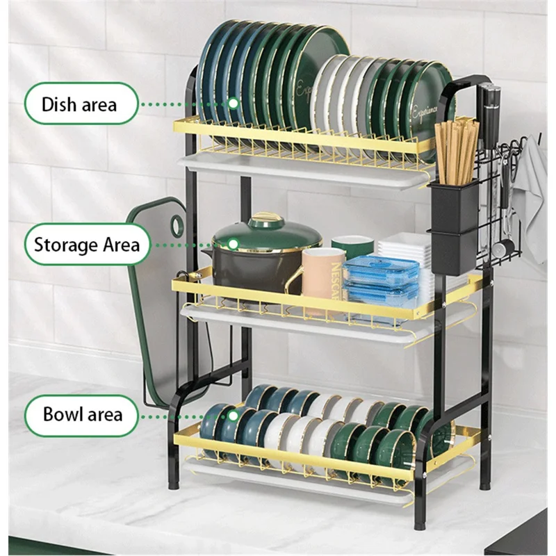 006-6427 3-Layer Iron Wire Kitchen Dish Bowl Storage Shelf Draining Rack with Chopstick Holder