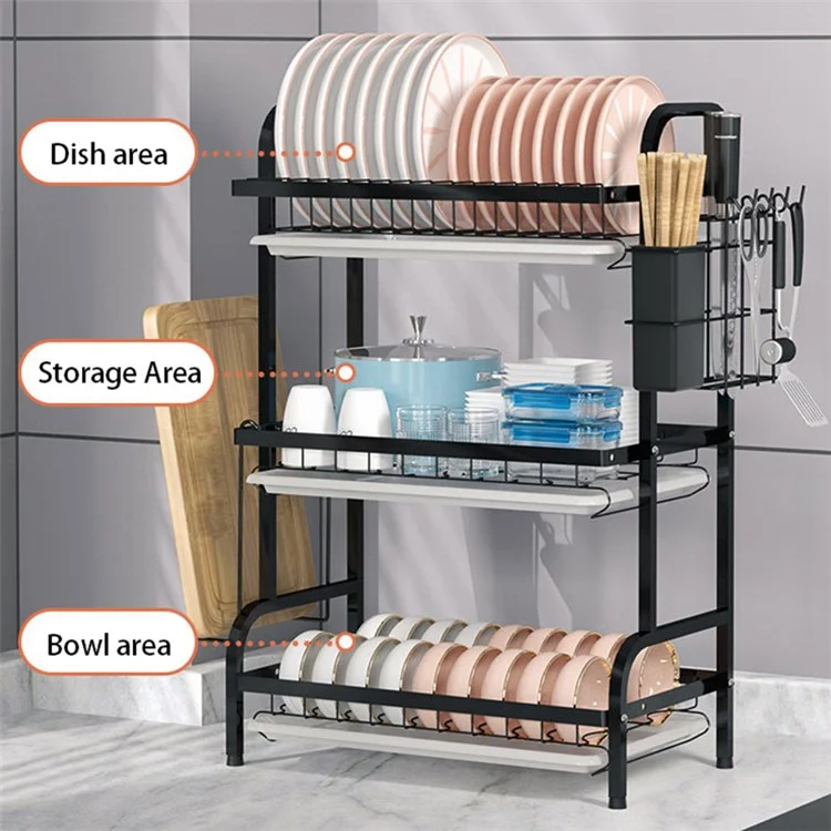 006-6364 3-Layer Iron Art Kitchen Storage Shelf Dish Bowl Draining Rack with Chopstick Holder