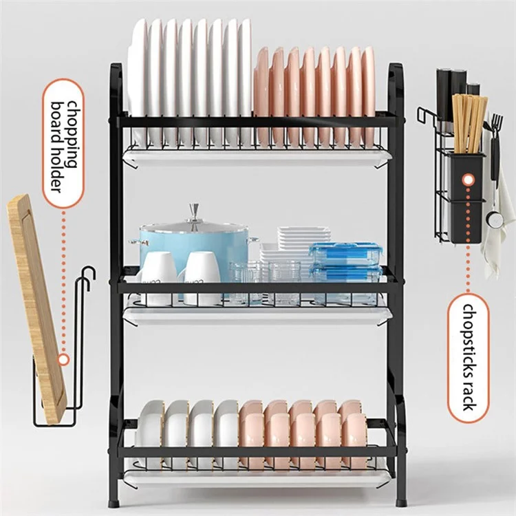 006-6364 3-Layer Iron Art Kitchen Storage Shelf Dish Bowl Draining Rack with Chopstick Holder