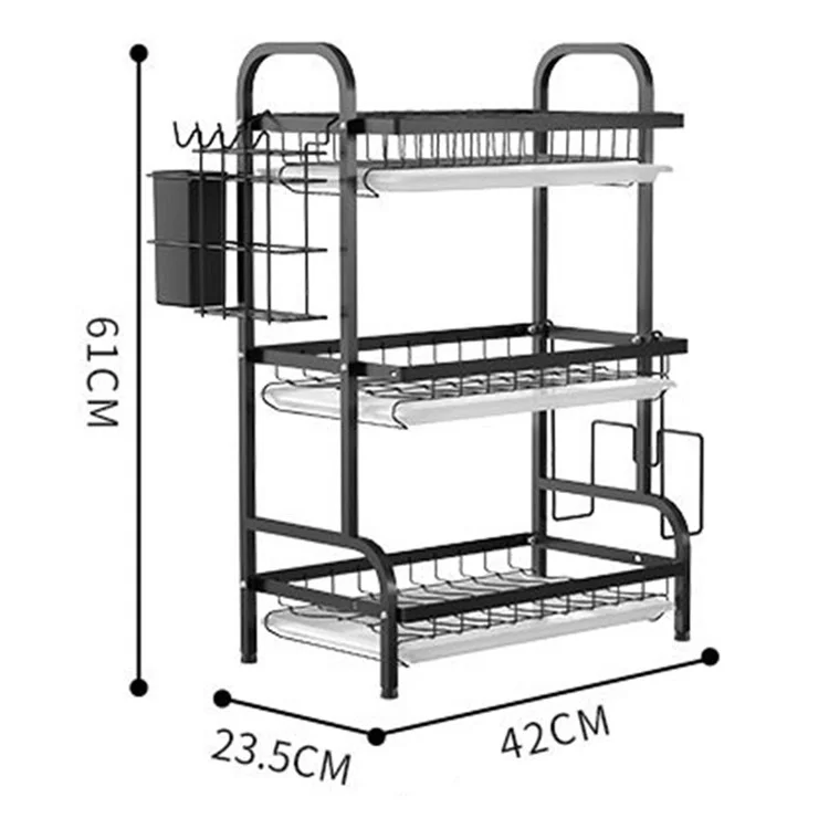 006-6364 3-Layer Iron Art Kitchen Storage Shelf Dish Bowl Draining Rack with Chopstick Holder