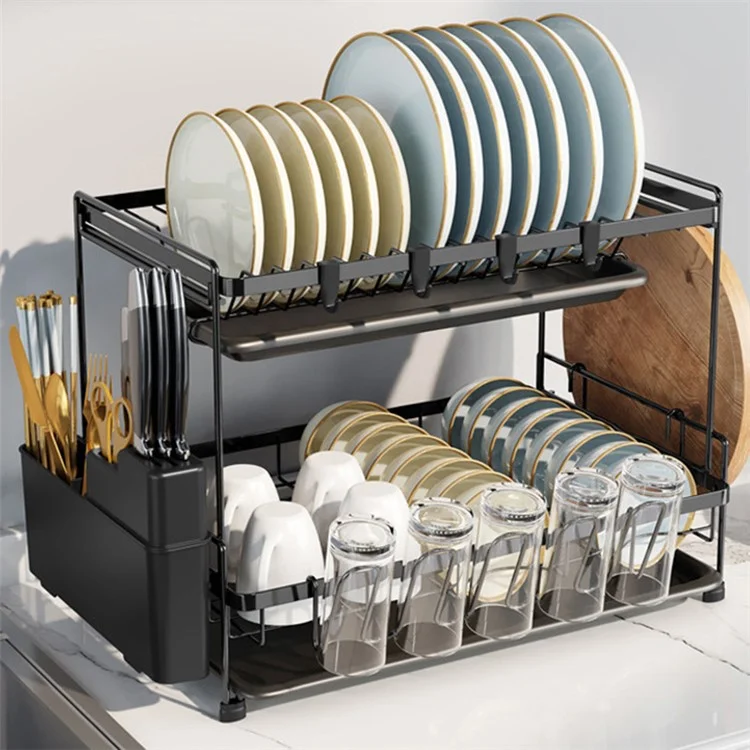 006-20C802HQTZ 2 Étagères pour égouttoir à vaisselle en métal avec support pour ustensiles de cuisine et porte-baguettes