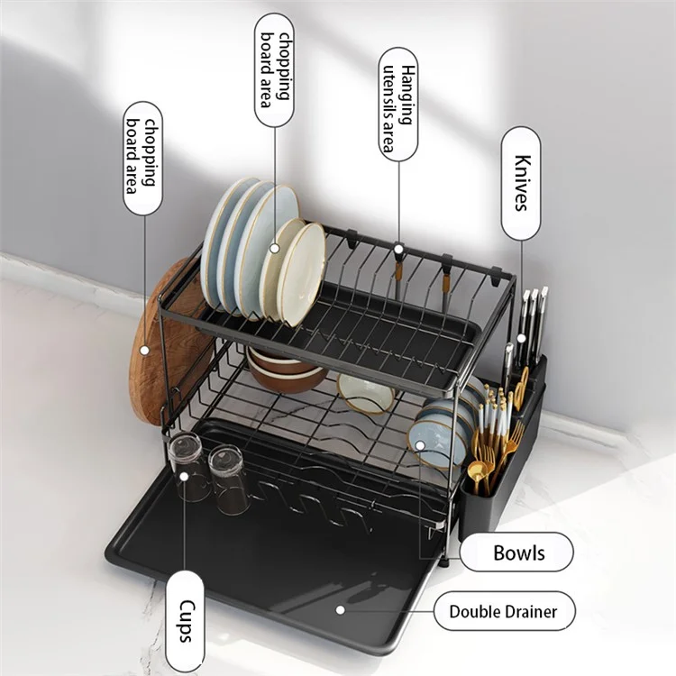 006-20C802HQTZ 2 Étagères pour égouttoir à vaisselle en métal avec support pour ustensiles de cuisine et porte-baguettes