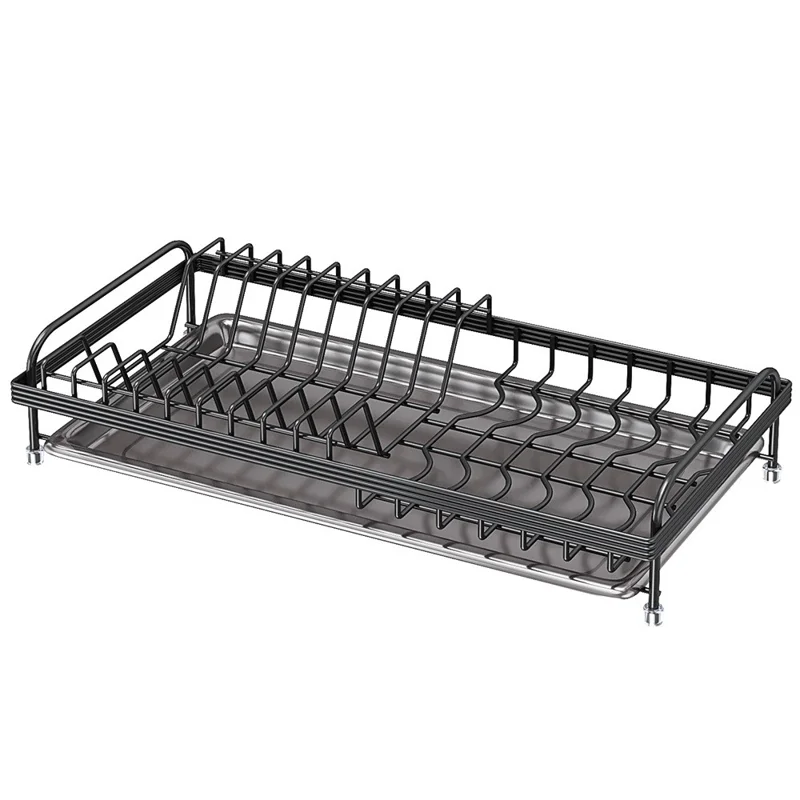 006-WDJ-6890-BK Dish Drying Rack with Drip Tray Kitchen Counter Plate Shelf Holder