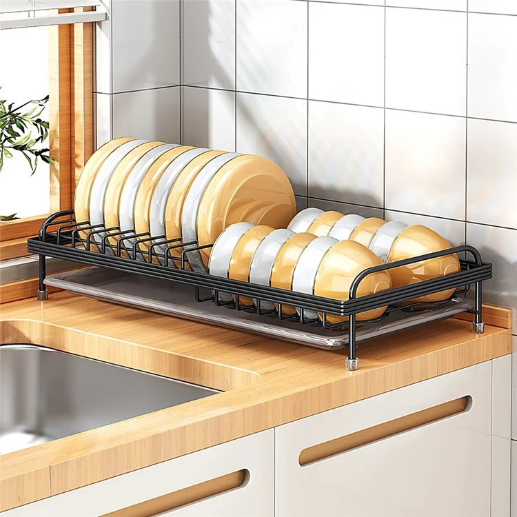 006-WDJ-6890-BK Dish Drying Rack with Drip Tray Kitchen Counter Plate Shelf Holder