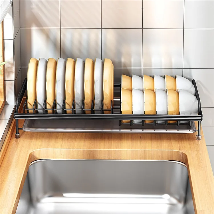 006-WDJ-6890-BK Dish Drying Rack with Drip Tray Kitchen Counter Plate Shelf Holder