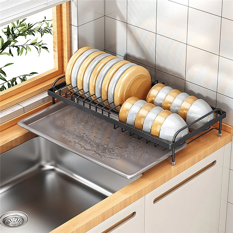 006-WDJ-6890-BK Dish Drying Rack with Drip Tray Kitchen Counter Plate Shelf Holder