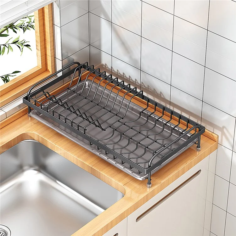 006-WDJ-6890-BK Dish Drying Rack with Drip Tray Kitchen Counter Plate Shelf Holder