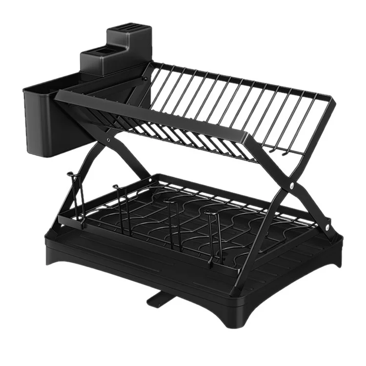 006-WDJ-6958-BK Storage Drain Rack for Kitchen Double-Layer Tableware Folding Container Holder, Black