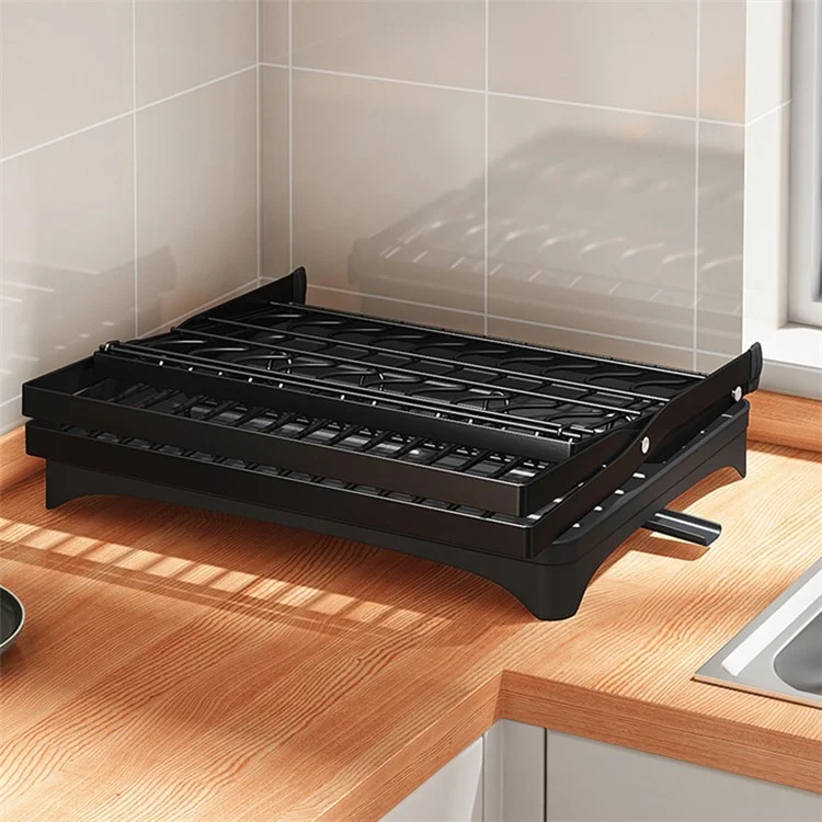 006-WDJ-6958-BK Storage Drain Rack for Kitchen Double-Layer Tableware Folding Container Holder, Black