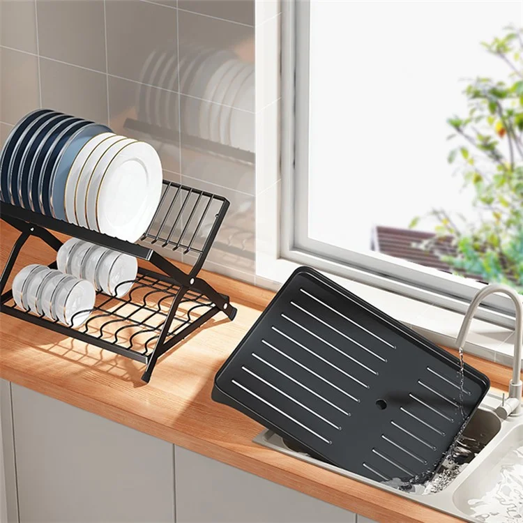 006-WDJ-6958-BK Storage Drain Rack for Kitchen Double-Layer Tableware Folding Container Holder, Black