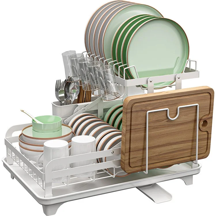 006-WDJ-8023 Porte-vaisselle à 2 niveaux Organisateurs de cuisine avec porte-tasses / porte-planches à découper - Blanc