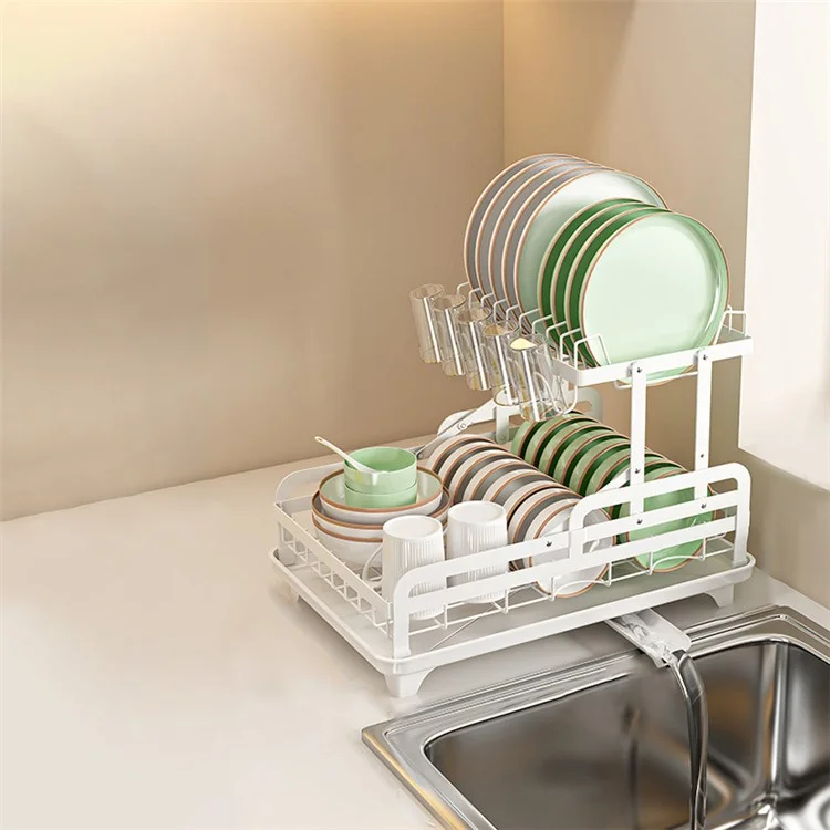 006-WDJ-8023 Porte-vaisselle à 2 niveaux Organisateurs de cuisine avec porte-tasses / porte-planches à découper - Blanc