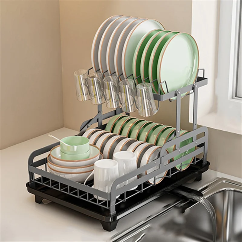 006-WDJ-8023 Dish Drying Rack 2 Tier Kitchen Organizers with Cup / Cutting Board Holders - Grey