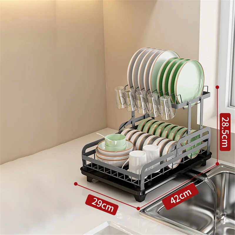 006-WDJ-8023 Dish Drying Rack 2 Tier Kitchen Organizers with Cup / Cutting Board Holders - Grey