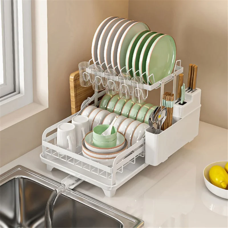 006-WDJ-8023 Dish Drying Rack 2 Tier Kitchen Organizers with Cup / Cutting Board Holders - Grey
