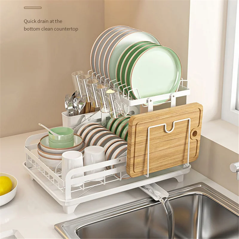 006-WDJ-8023 Dish Drying Rack 2 Tier Kitchen Organizers with Cup / Cutting Board Holders - Grey
