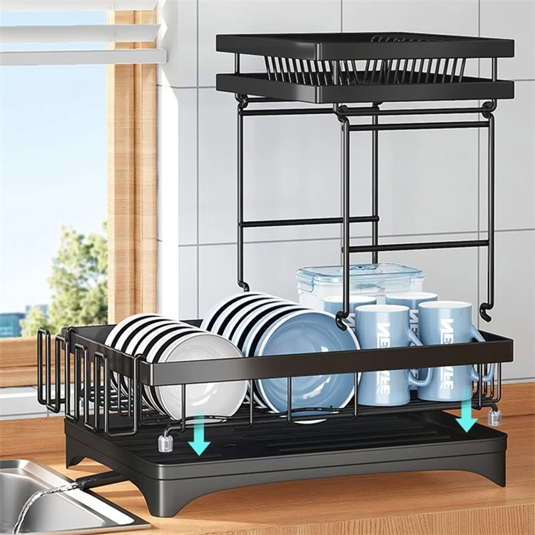 006-WDJ-6937B-WH Dish Drying Rack with Expandable Drain Spout Kitchen Countertop Rack Holder for Bowls Cutlery Forks - Black
