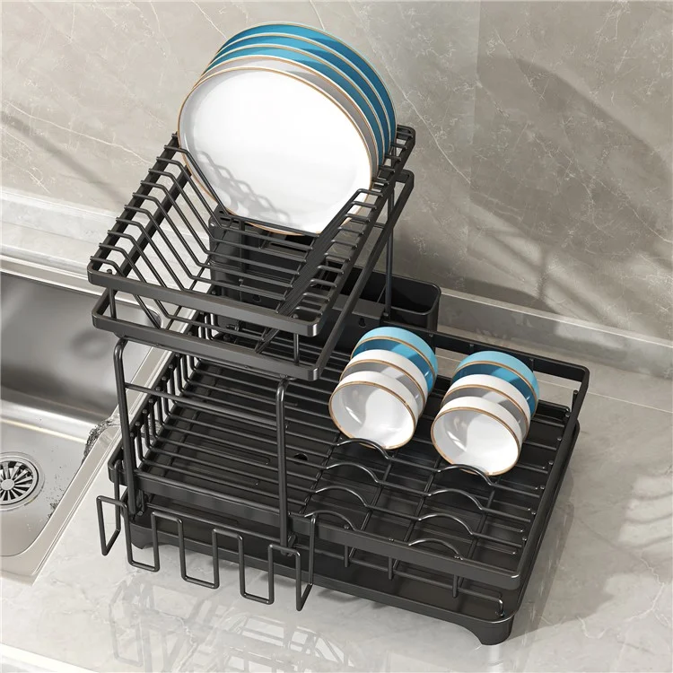 006-WDJ-6937B-WH Dish Drying Rack with Expandable Drain Spout Kitchen Countertop Rack Holder for Bowls Cutlery Forks - Black