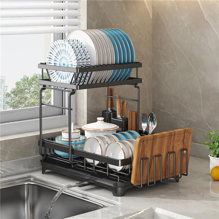 006-WDJ-6937B-WH Dish Drying Rack with Expandable Drain Spout Kitchen Countertop Rack Holder for Bowls Cutlery Forks - Black