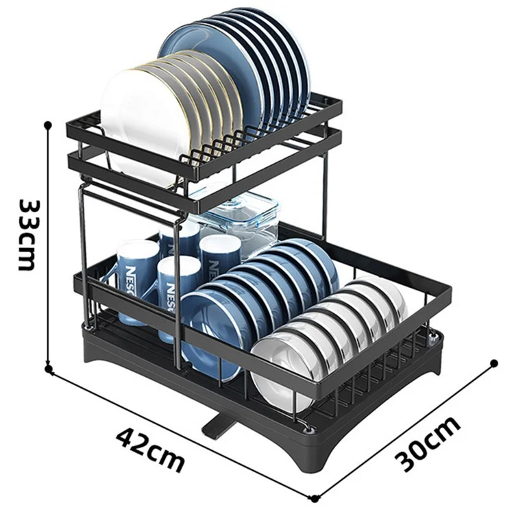 006-WDJ-6937B-WH Dish Drying Rack with Expandable Drain Spout Kitchen Countertop Rack Holder for Bowls Cutlery Forks - Black