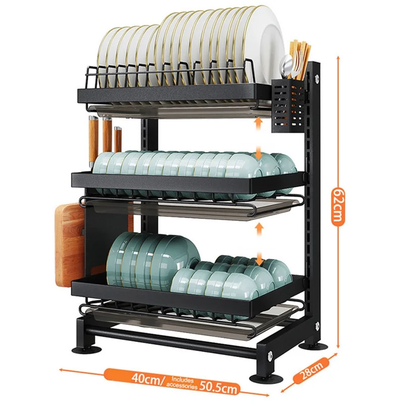 006-WDJ-6790-3BK 3-Tier Dish Drainer Rack with Drip Tray / Utensils Holder Dish Rack for Kitchen Counter