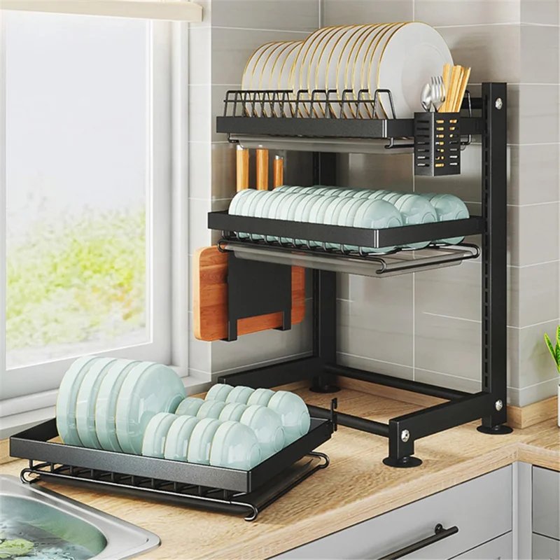 006-WDJ-6790-3BK 3-Tier Dish Drainer Rack with Drip Tray / Utensils Holder Dish Rack for Kitchen Counter