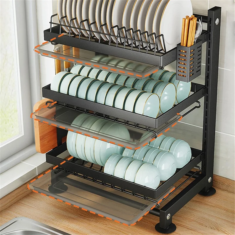 006-WDJ-6790-3BK 3-Tier Dish Drainer Rack with Drip Tray / Utensils Holder Dish Rack for Kitchen Counter