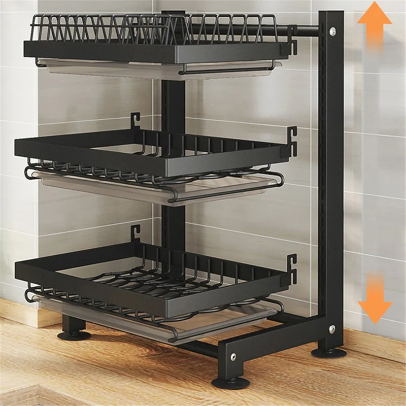 006-WDJ-6790-3BK 3-Tier Dish Drainer Rack with Drip Tray / Utensils Holder Dish Rack for Kitchen Counter