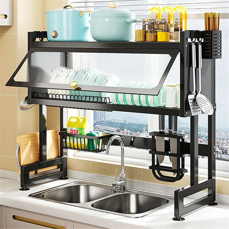 006-SCJ-6838C-75 Dish Drying Rack with Door Kitchen Over Sink Metal Storage Shelf - Black