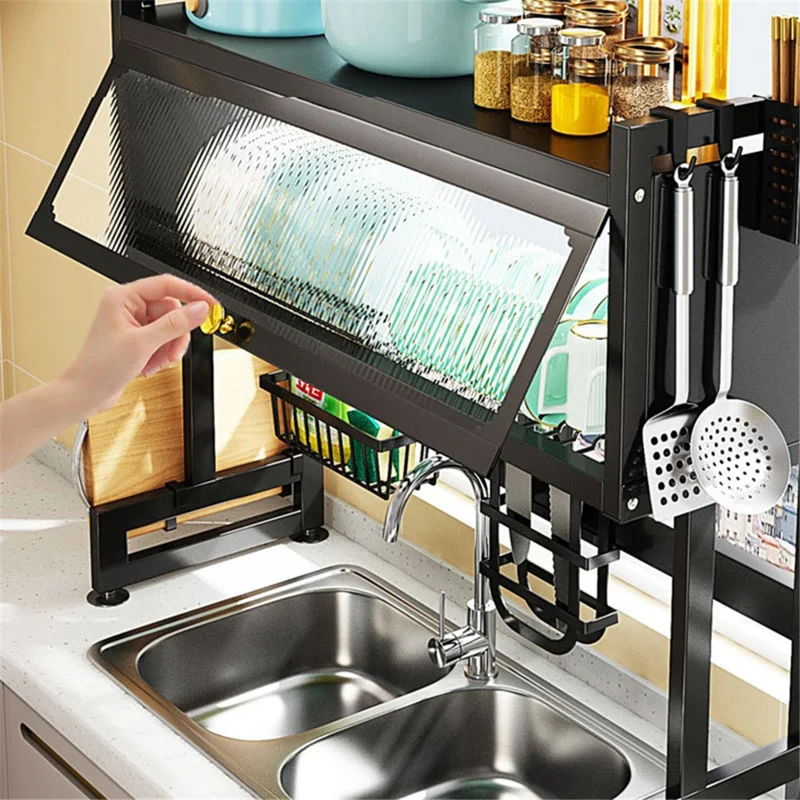 006-SCJ-6838C-75 Dish Drying Rack with Door Kitchen Over Sink Metal Storage Shelf - Black
