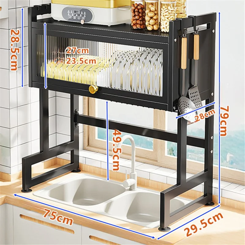006-SCJ-6838C-75 Dish Drying Rack with Door Kitchen Over Sink Metal Storage Shelf - Black