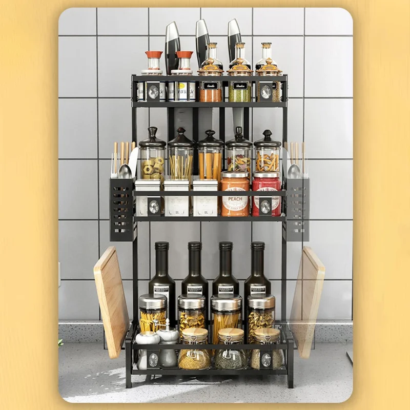 006-6374 3 Tier Spice Rack Stand Metal Kitchen Jar Shelf with Utensil Cutlery Holder
