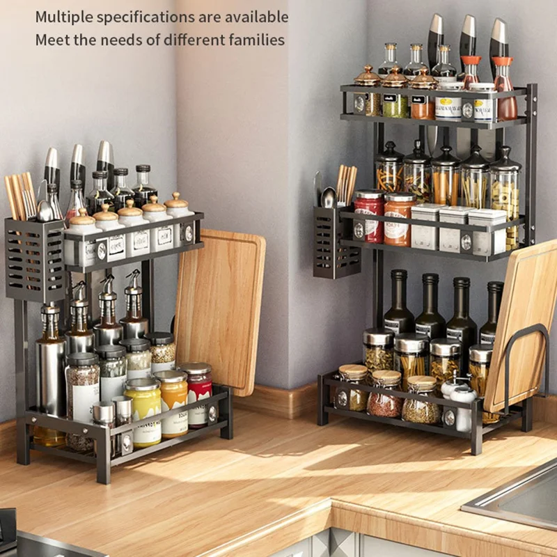 006-6374 3 Tier Spice Rack Stand Metal Kitchen Jar Shelf with Utensil Cutlery Holder