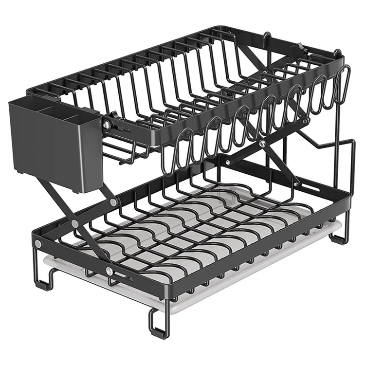 006-WDJ-70178A 2 Tier Dish Drying Rack Folded Kitchen Organizers and Storage Rack with Tray - Black