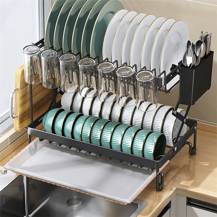 006-WDJ-70178A 2 Tier Dish Drying Rack Folded Kitchen Organizers and Storage Rack with Tray - Black