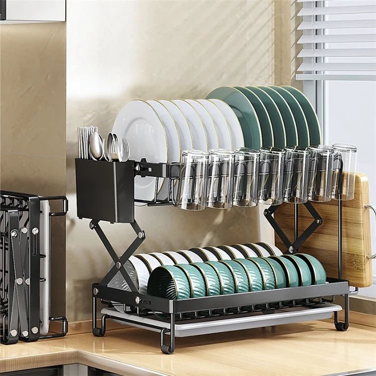 006-WDJ-70178A 2 Tier Dish Drying Rack Folded Kitchen Organizers and Storage Rack with Tray - Black