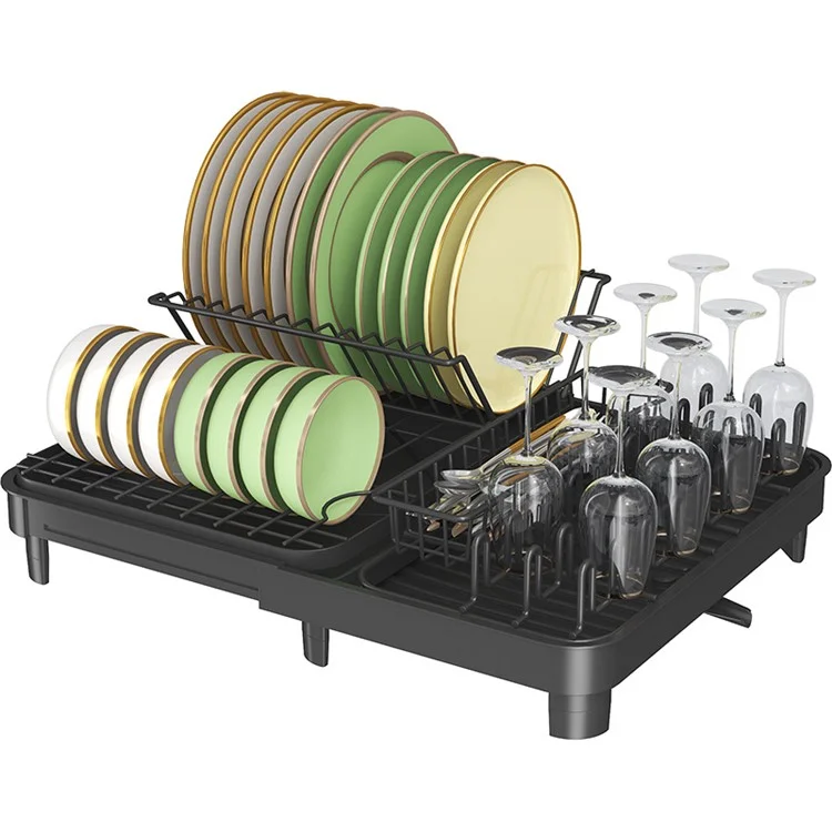 006-WDJ-8026-BK Expandable Dish Drainer Cutlery Cup Plate Rack Holder for Kitchen Countertop, 1 Tier
