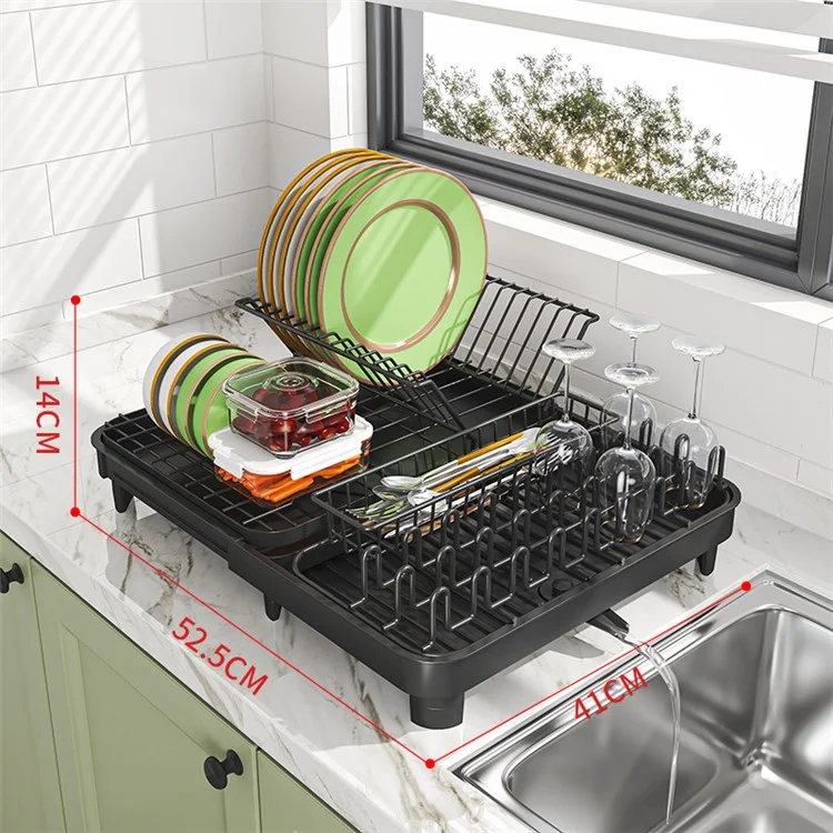 006-WDJ-8026-BK Expandable Dish Drainer Cutlery Cup Plate Rack Holder for Kitchen Countertop, 1 Tier