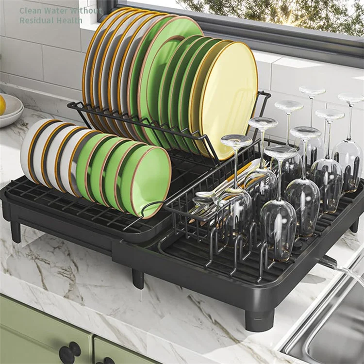 006-WDJ-8026-BK Expandable Dish Drainer Cutlery Cup Plate Rack Holder for Kitchen Countertop, 1 Tier